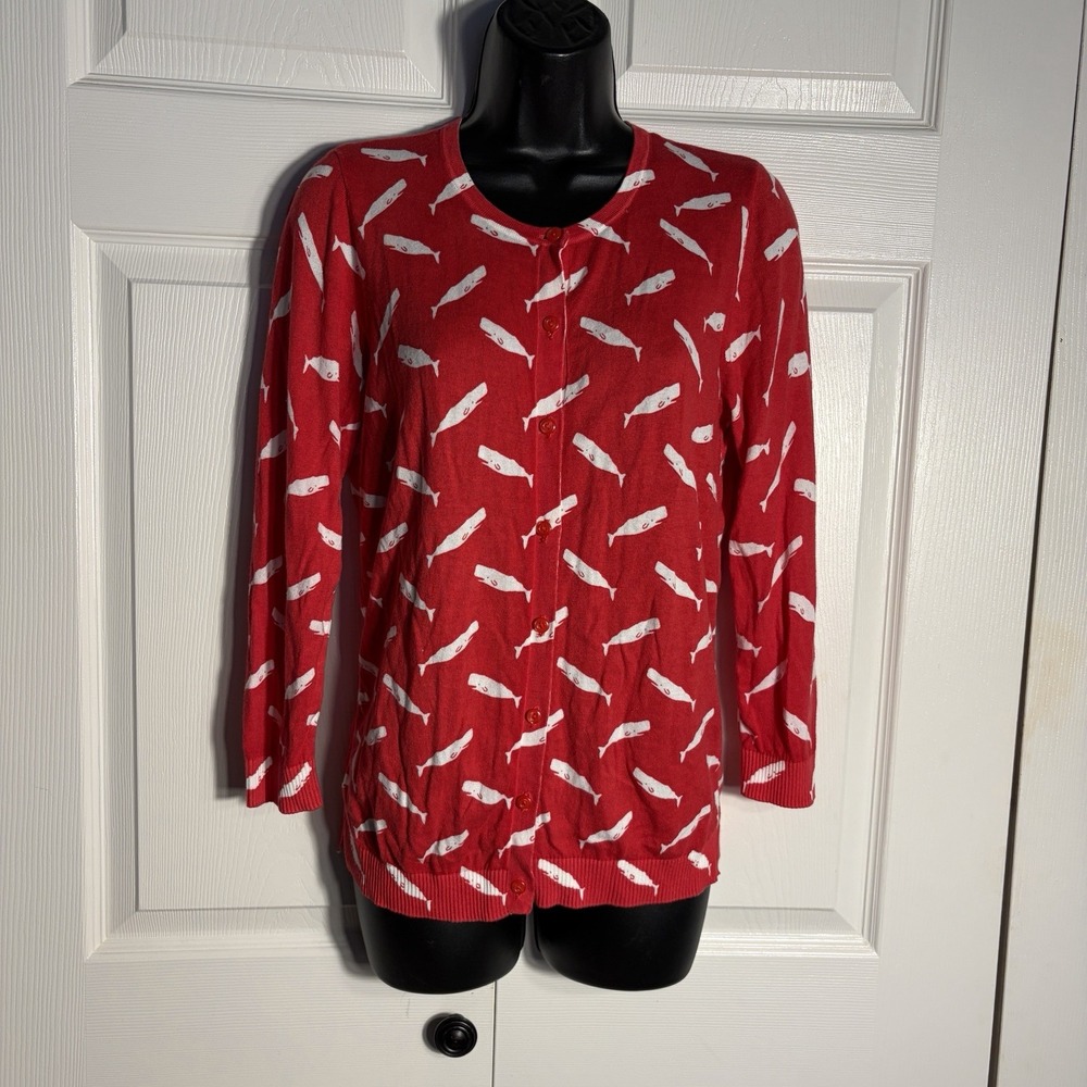 LOFT Outlet Whale Print Cardigan Sweater Women M Red White 100% Cotton Button Up